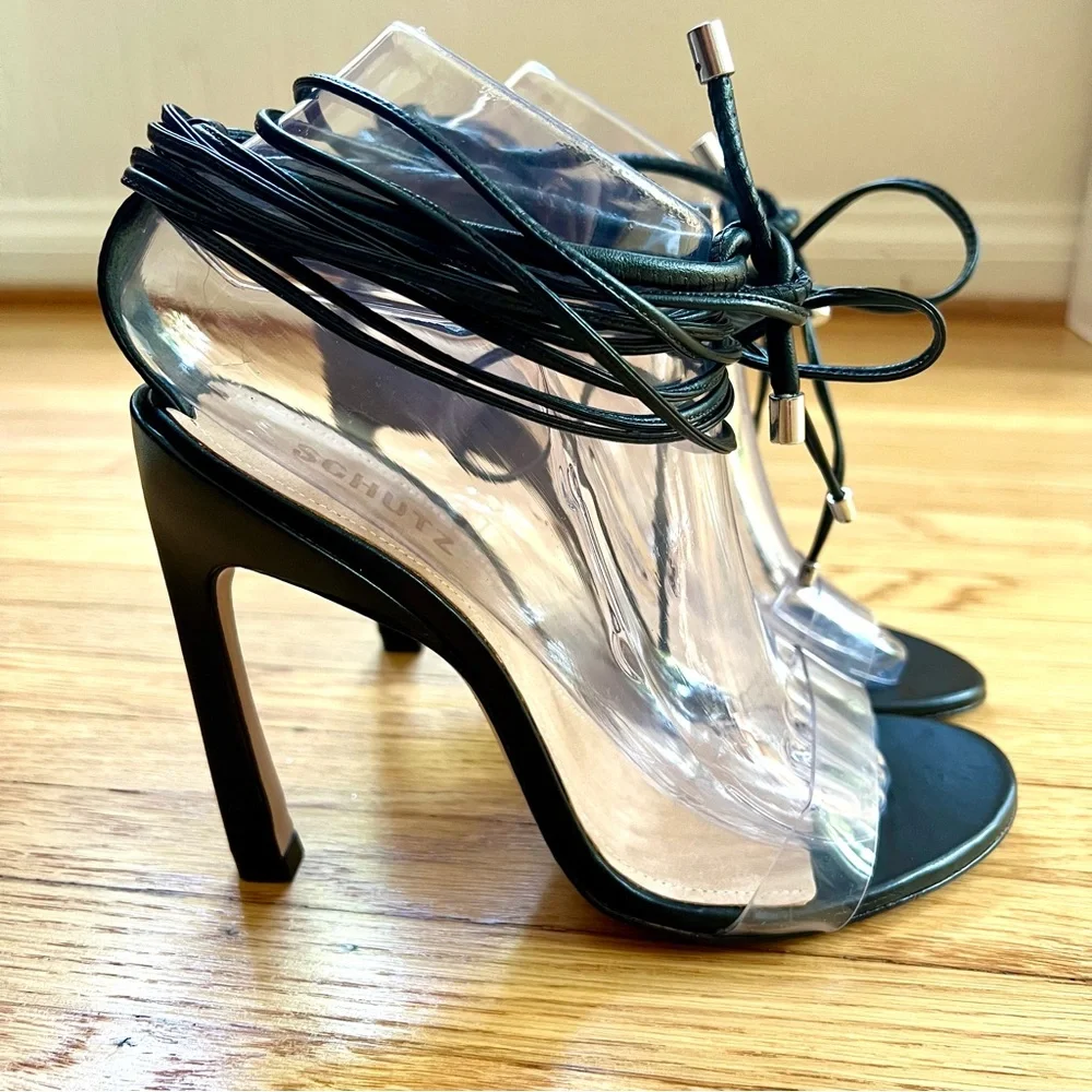 SCHUTZ Jessie Vinyl & Nappa Leather Sandals Black and Clear Size 8.5 - Picture 13 of 15